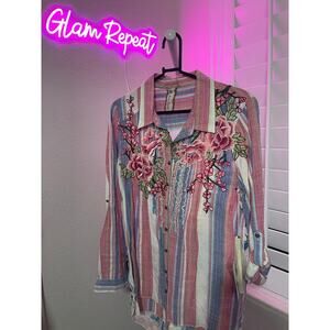 Aratta Floral Embroidered Striped Shirt